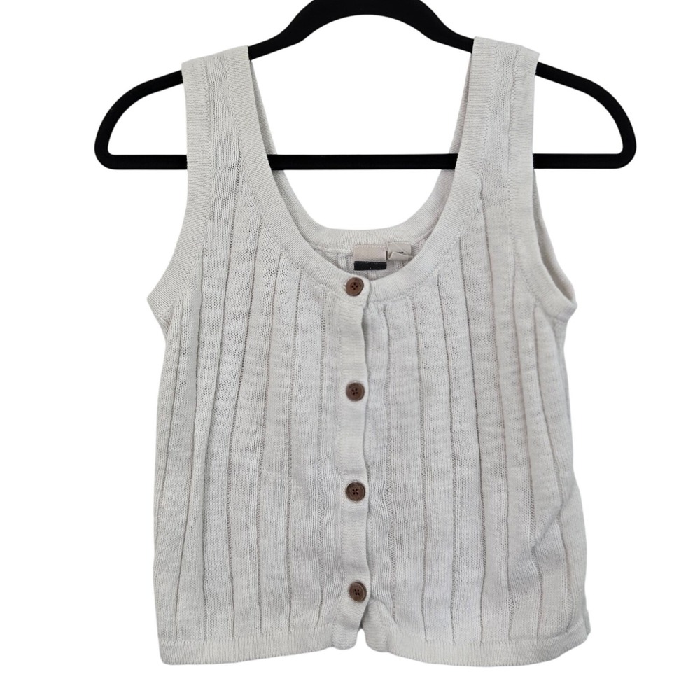 Roxy Be Sensational Sweater Tank Top Womens M White Ribbed Knit Button Tiny Flaw